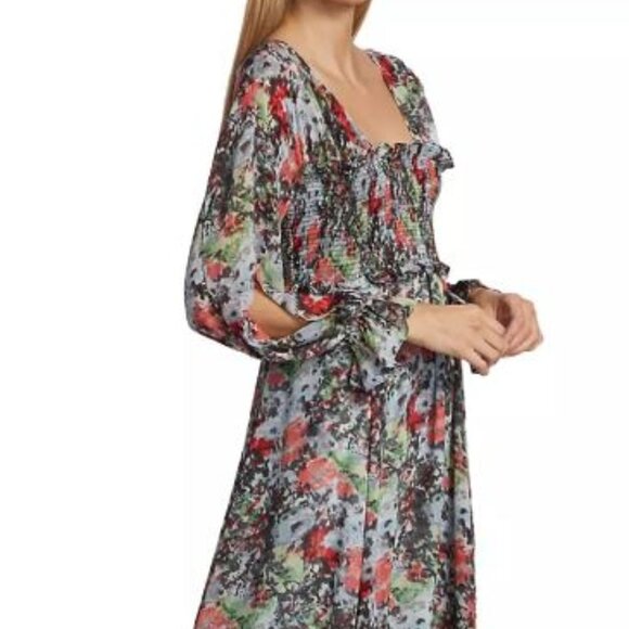 Cinq à Sept NWT Leigh Floral Print Ruffle Maxi Dress Size 4 Smocked Slit Sleeve - Picture 3 of 14